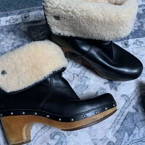 UGG Black and Cream Shearling Mules